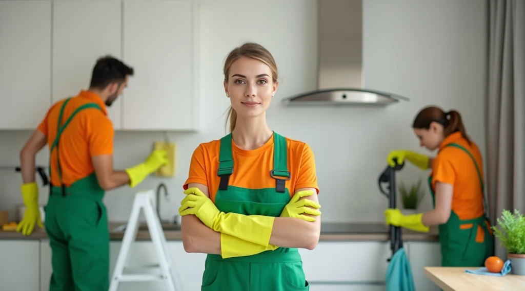 Équipe nettoyant une cuisine moderne avec professionnalisme.